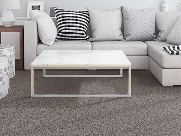 carpet in living room with grey sofa and decorative pillows